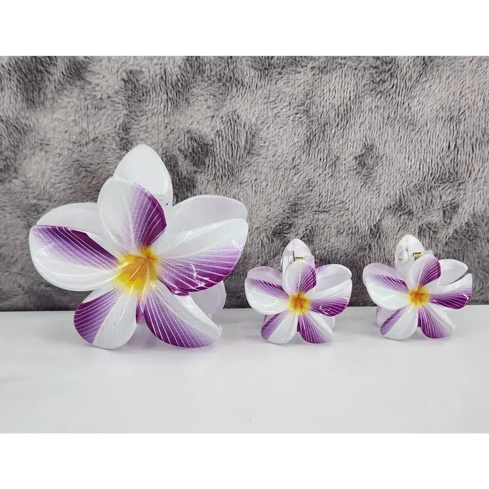 3 pc Hawaiian Flower Claw Clip Set - Hair Accessories Purple & White Plumeria
